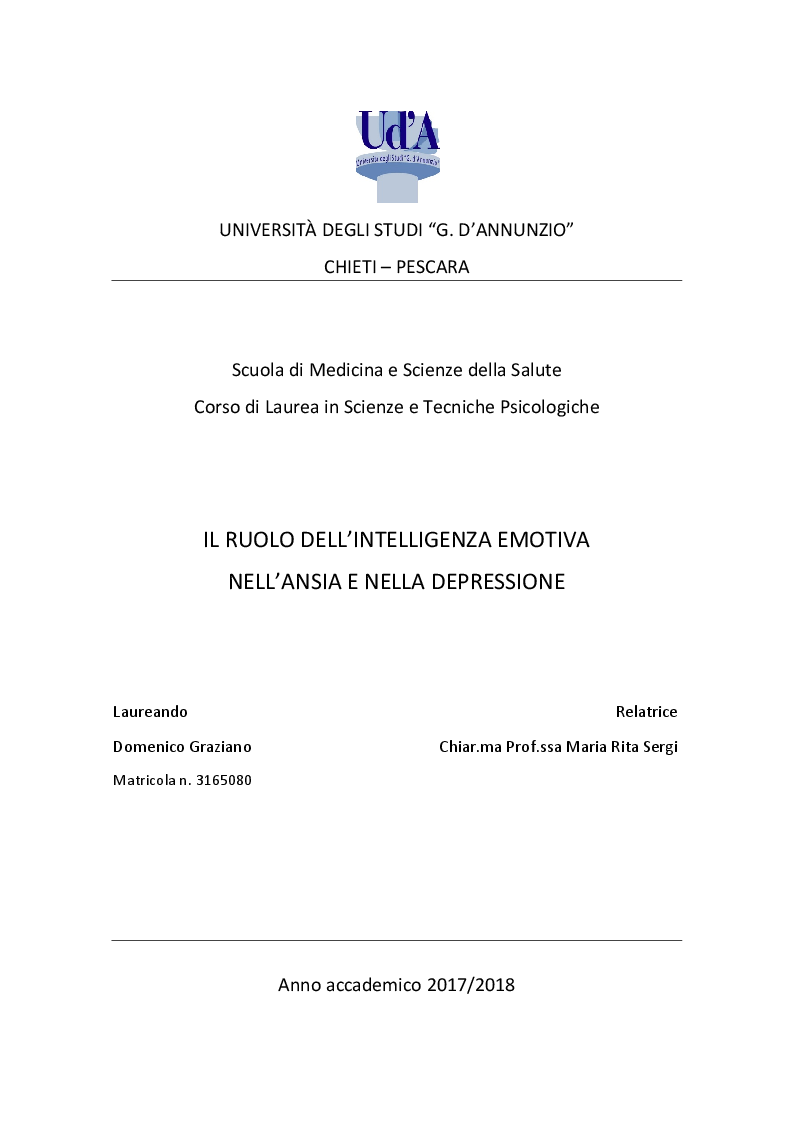 Anteprima della tesi: Il ruolo dell'Intelligenza Emotiva nell'Ansia e nella Depressione, Pagina 1