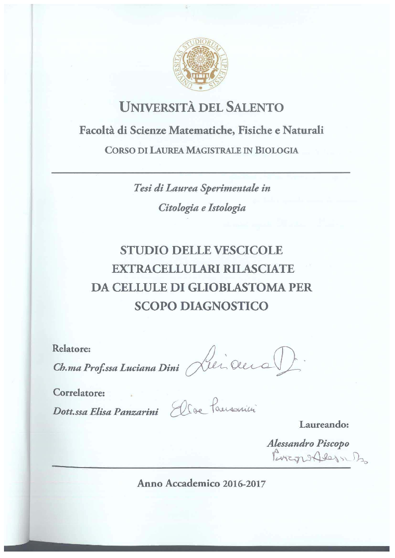 Anteprima della tesi: Studio di vescicole extracellulari rilasciate da cellule di glioblastoma per scopo diagnostico, Pagina 1