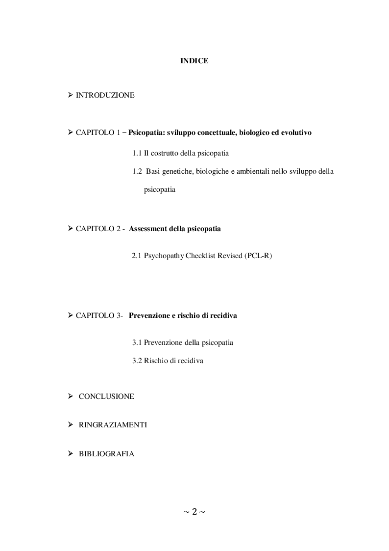 Indice della tesi: Il Disturbo Psicopatico di Personalità, Pagina 1