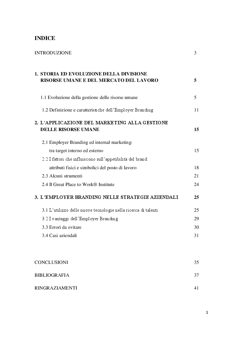 Indice della tesi: Employer Branding: il marketing applicato alla gestione delle risorse umane, Pagina 1