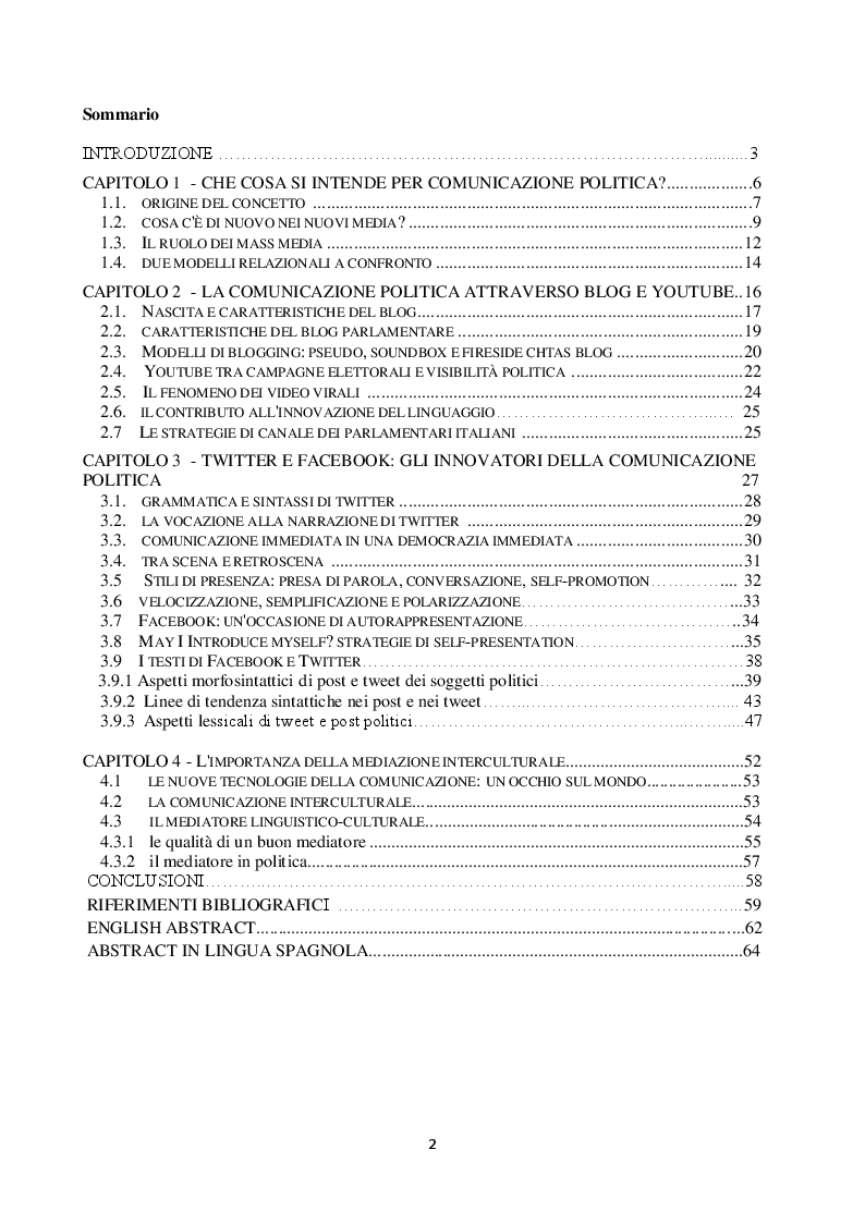 Indice della tesi: La comunicazione politica nell'era del web 2.0, Pagina 1