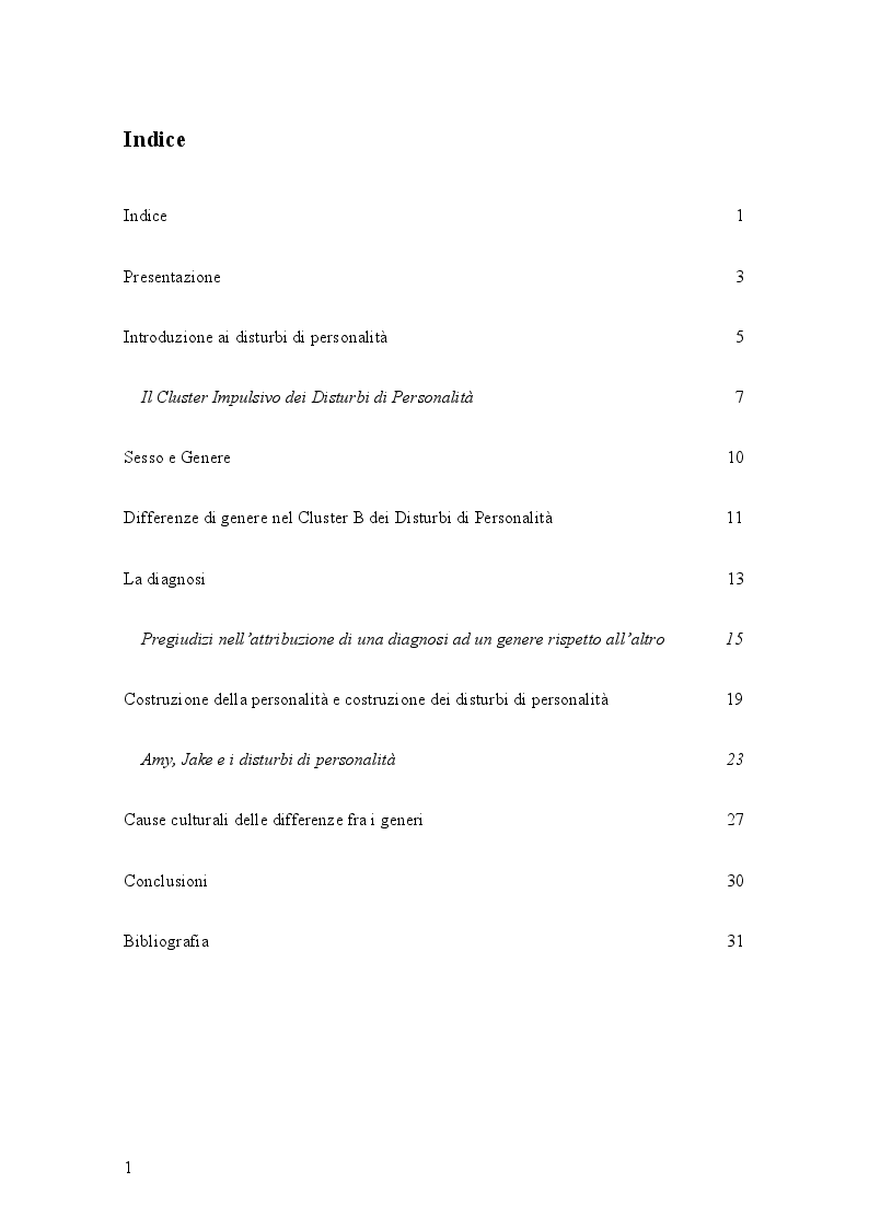 Indice della tesi: Genere e disturbi di personalità, Pagina 1