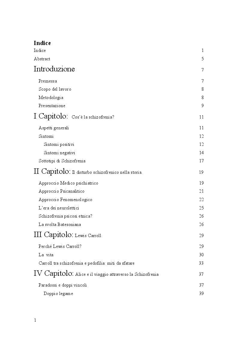 Indice della tesi: Il mondo di Carroll e la schizofrenia. Confronto tra il comportamento schizofrenico e le opere di Lewis Carroll, Pagina 1