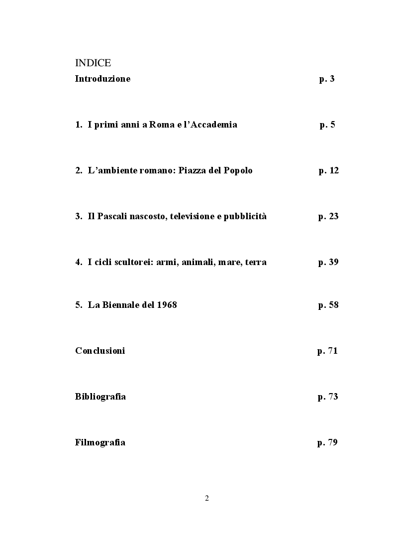 Indice della tesi: Pino Pascali. Riflessioni sui quattro anni di attività (1964 - 1968), Pagina 1