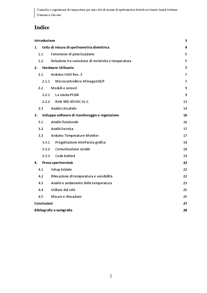 Indice della tesi: Controllo e regolazione di temperatura per una cella di misura di spettrometria dielettrica tramite board Arduino, Pagina 1