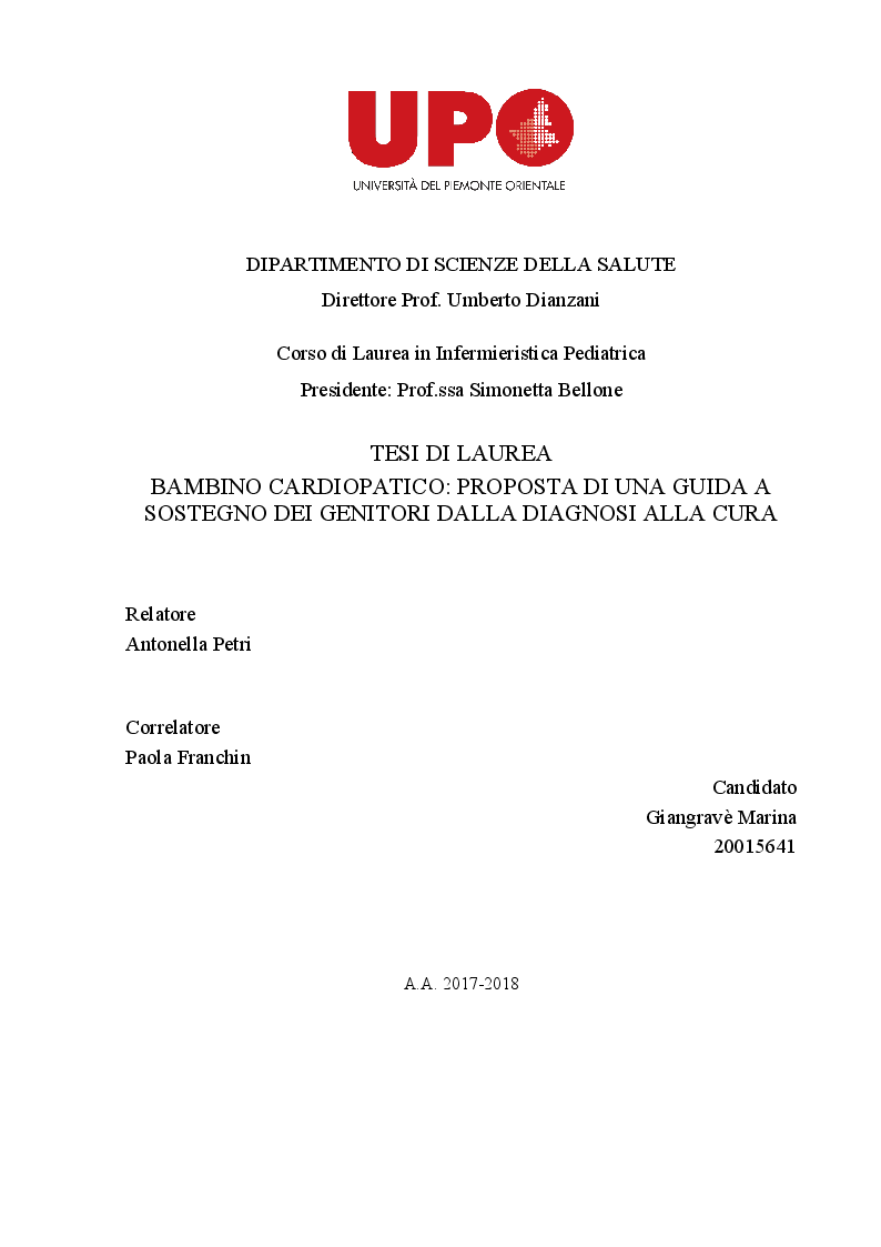 Anteprima della tesi: Bambino Cardiopatico: proposta di una guida a sostegno dei genitori dalla diagnosi alla cura, Pagina 1