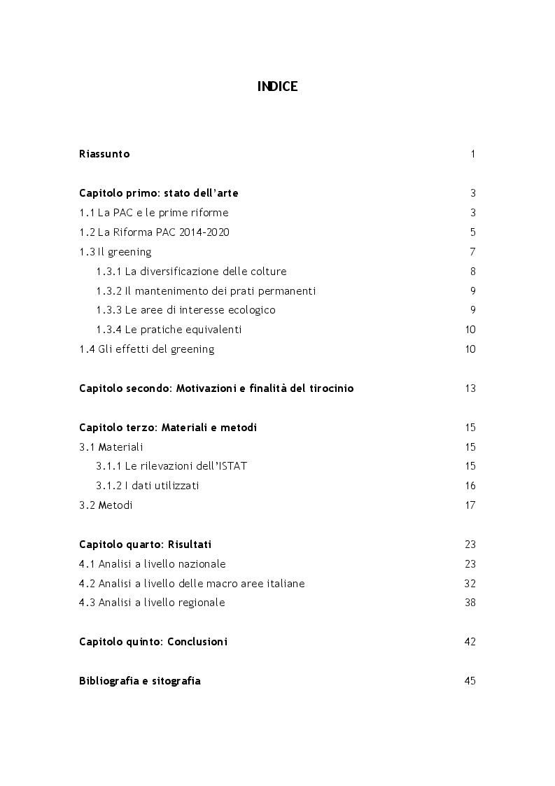Indice della tesi: L'effetto della riforma Pac 2014-2020 sulle superfici agrarie in Italia, Pagina 1