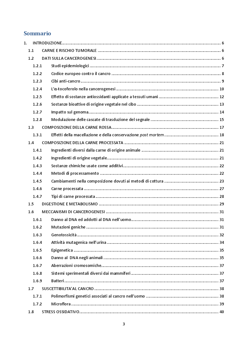 Indice della tesi: Valutazione dell'attività biologica di digeriti di carne rossa processata su linee cellulari intestinali umane, Pagina 1