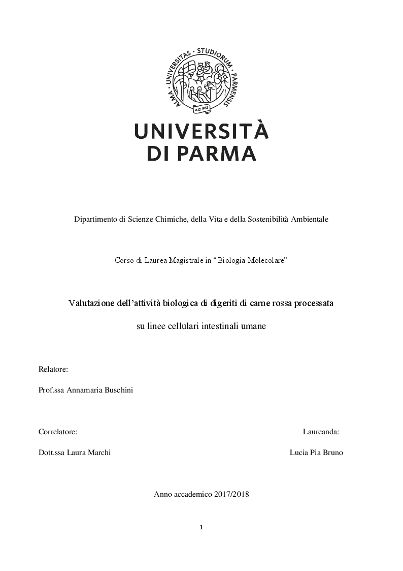 Anteprima della tesi: Valutazione dell'attività biologica di digeriti di carne rossa processata su linee cellulari intestinali umane, Pagina 1