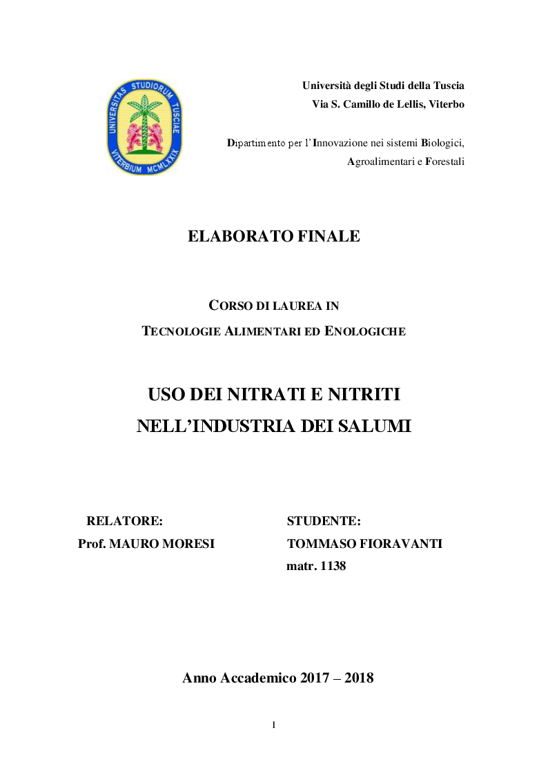 Anteprima della tesi: Uso dei Nitrati e Nitriti nell'industria dei salumi, Pagina 1