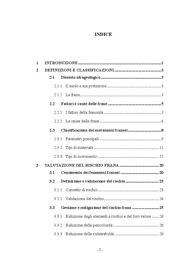 Indice della tesi: Fenomeni franosi: dall'analisi alla stabilizzazione, Pagina 1