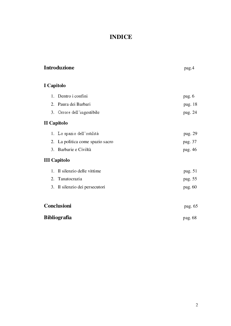 Indice della tesi: Paura dello straniero e simbolica dello spazio, Pagina 1