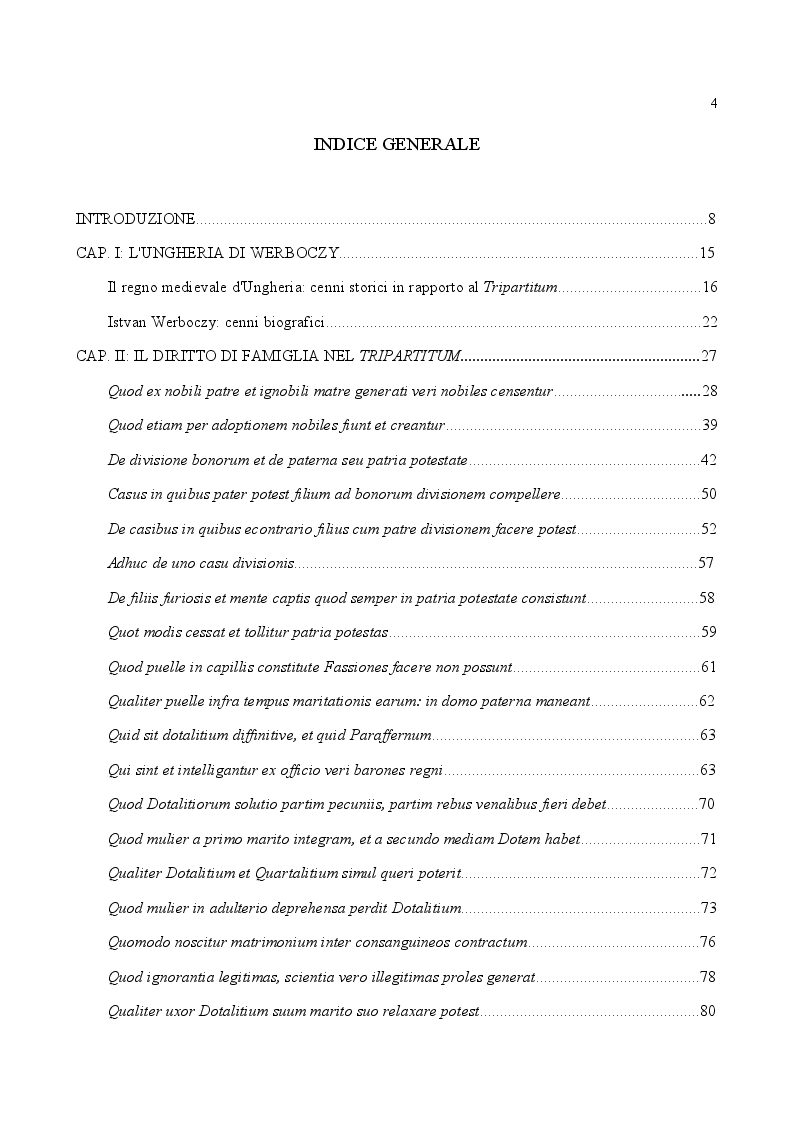 Indice della tesi: Famiglia e Successioni in Ungheria tra tardo Medioevo e prima Età moderna: il Tripartitum di Istvan Werboczy (1517), Pagina 1