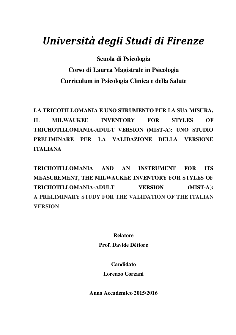 Anteprima della tesi: La tricotillomania e uno strumento per la sua misura, il Milwaukee Inventory for styles of Trichotillomania-adult version (MIST-A): uno studio preliminare per la validazione della versione italiana, Pagina 1