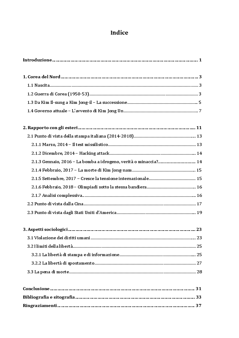 Indice della tesi: Analisi da un punto di vista sociologico e comunicativo del regime di Kim Jong-un, Pagina 1