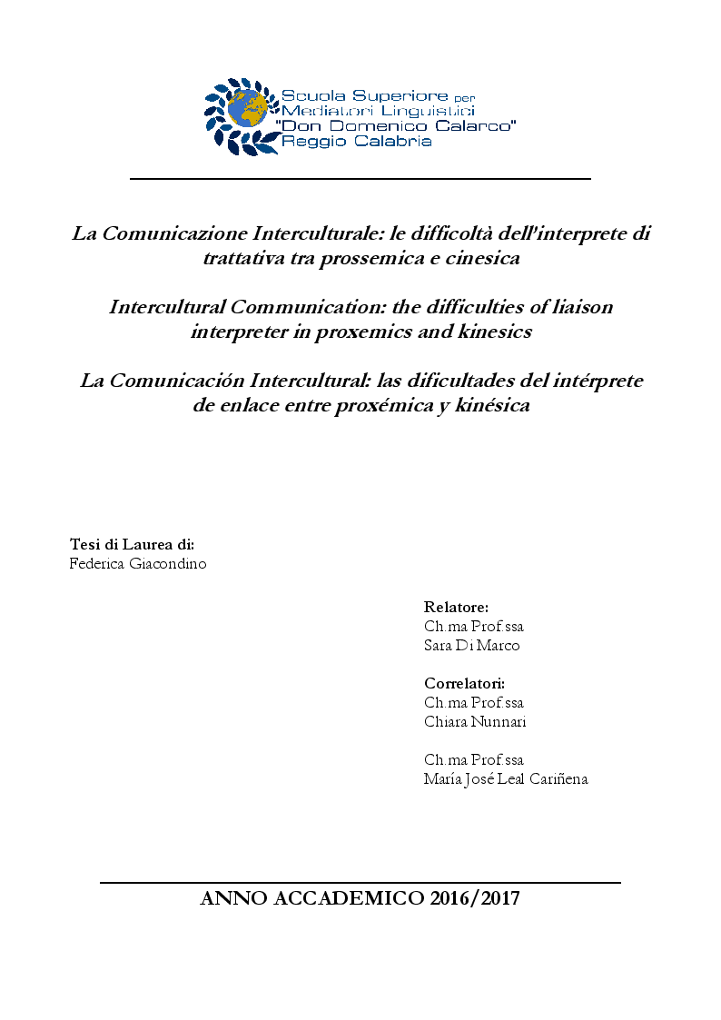 Anteprima della tesi: La Comunicazione Interculturale: le difficoltà dell’interprete di trattativa tra prossemica e cinesica, Pagina 1
