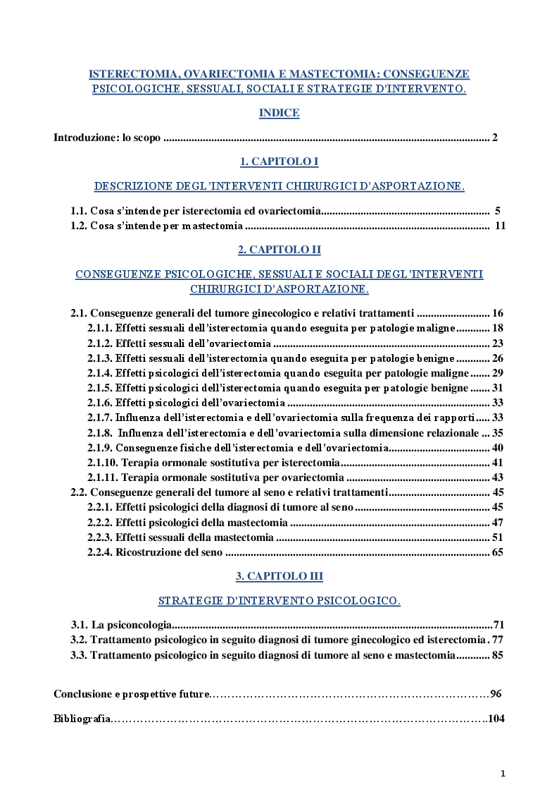 Indice della tesi: Isterectomia, ovariectomia e mastectomia: conseguenze psicologiche, sessuali, sociali e strategie d'intervento, Pagina 1
