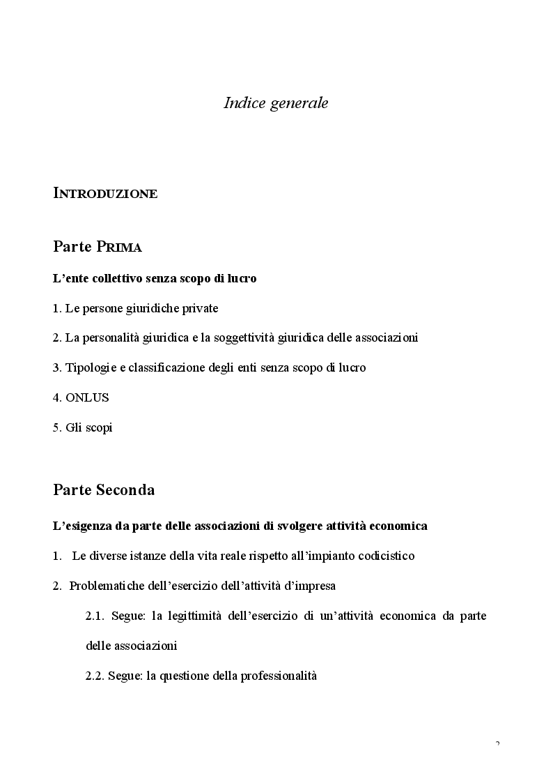 Indice della tesi: L'esercizio dell'attività d'impresa da parte delle Associazioni e delle Fondazioni, Pagina 1