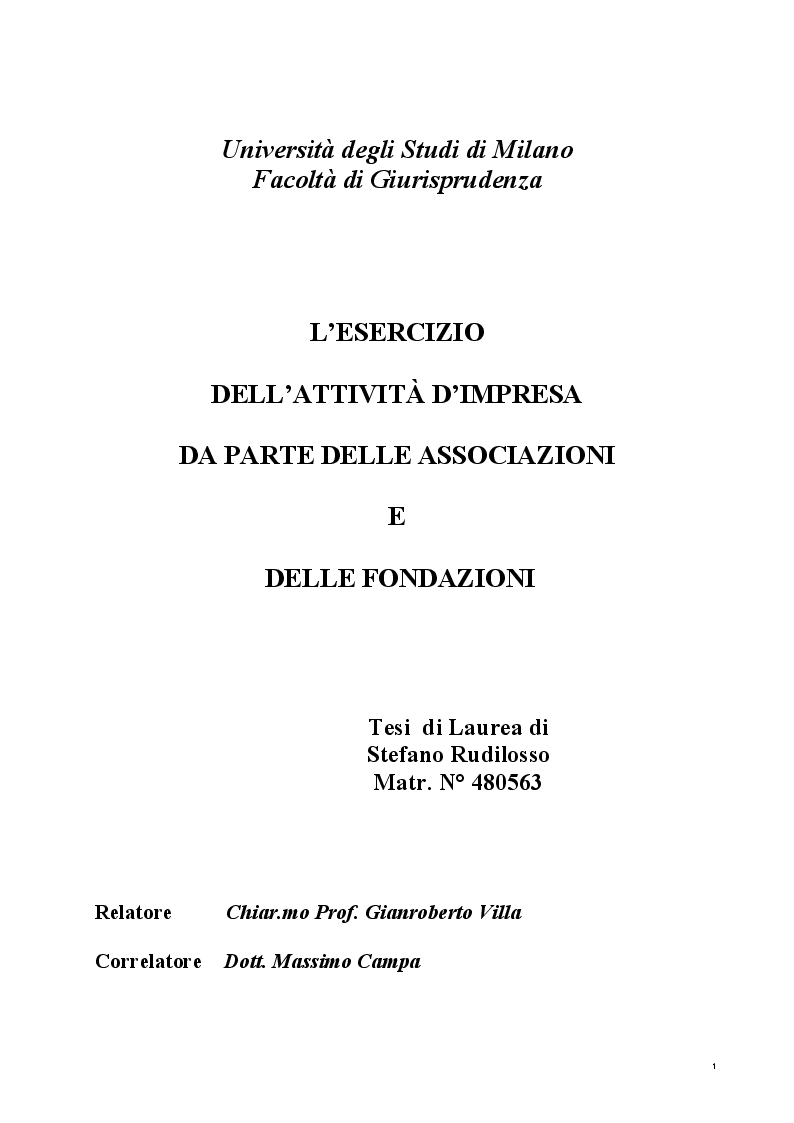 Anteprima della tesi: L'esercizio dell'attività d'impresa da parte delle Associazioni e delle Fondazioni, Pagina 1