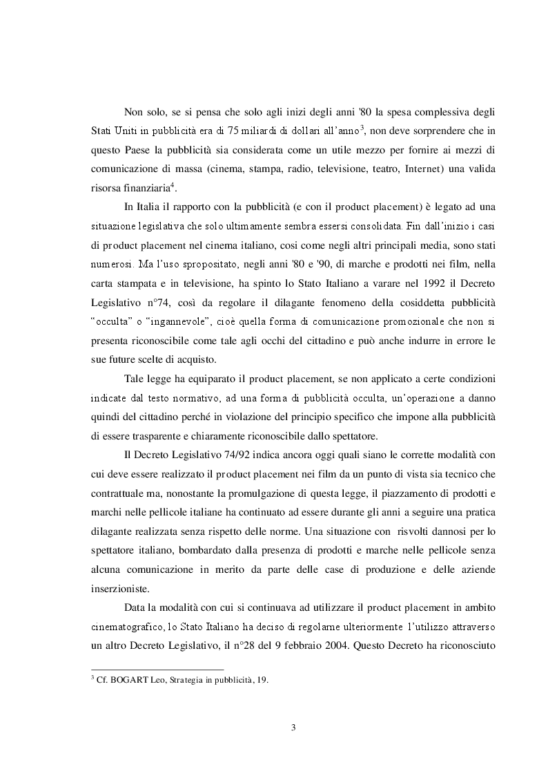 Anteprima della tesi: Pubblicità e cinema: storia del product placement tra esigenze di mercato, interessi dei produttori e diritti degli spettatori. Il caso controverso di Caos Calmo, Pagina 3