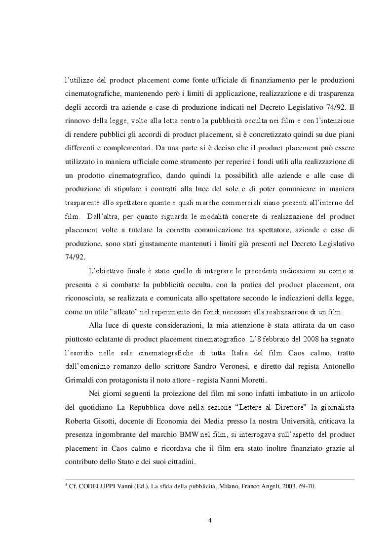 Anteprima della tesi: Pubblicità e cinema: storia del product placement tra esigenze di mercato, interessi dei produttori e diritti degli spettatori. Il caso controverso di Caos Calmo, Pagina 4