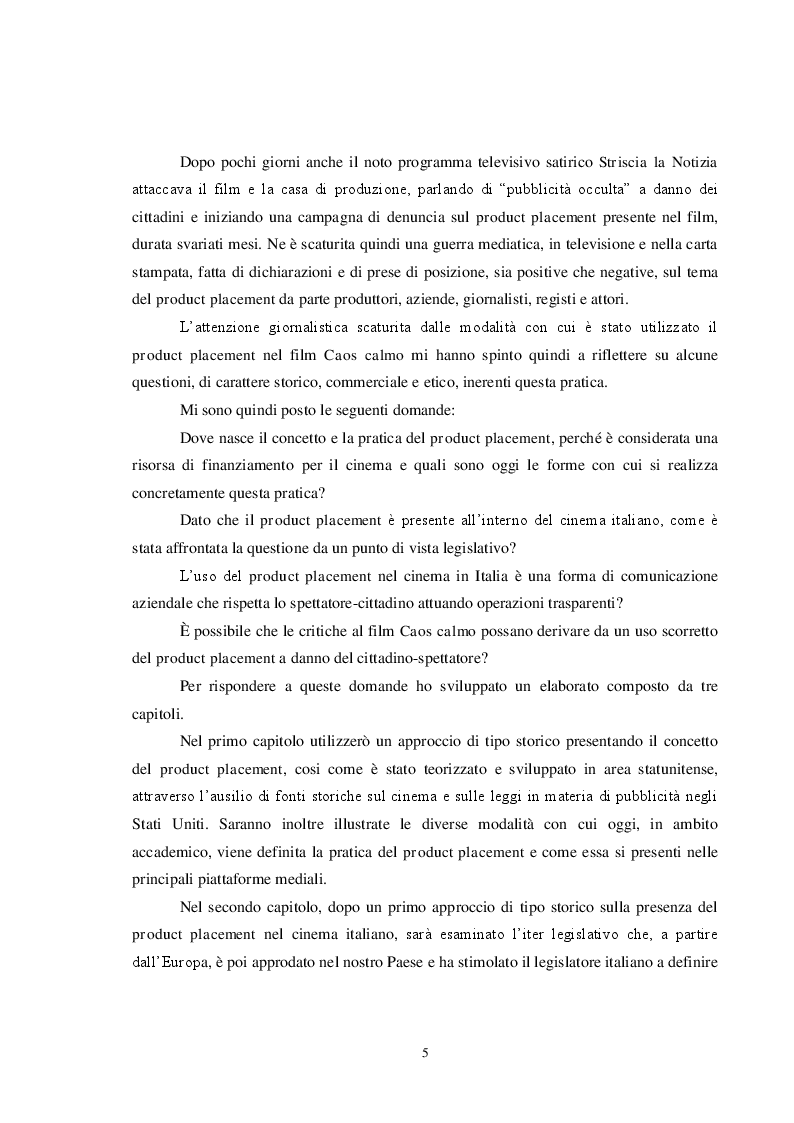 Anteprima della tesi: Pubblicità e cinema: storia del product placement tra esigenze di mercato, interessi dei produttori e diritti degli spettatori. Il caso controverso di Caos Calmo, Pagina 5