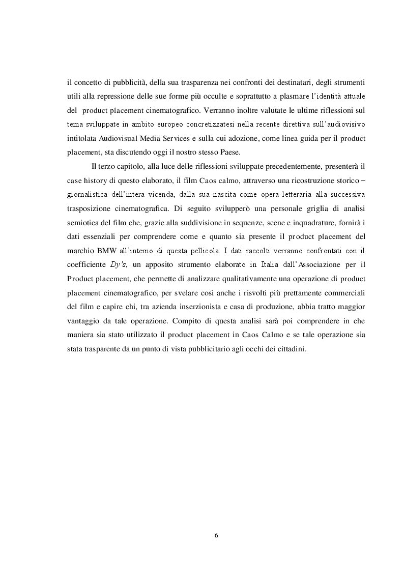 Anteprima della tesi: Pubblicità e cinema: storia del product placement tra esigenze di mercato, interessi dei produttori e diritti degli spettatori. Il caso controverso di Caos Calmo, Pagina 6