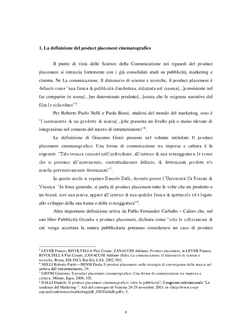 Anteprima della tesi: Pubblicità e cinema: storia del product placement tra esigenze di mercato, interessi dei produttori e diritti degli spettatori. Il caso controverso di Caos Calmo, Pagina 8