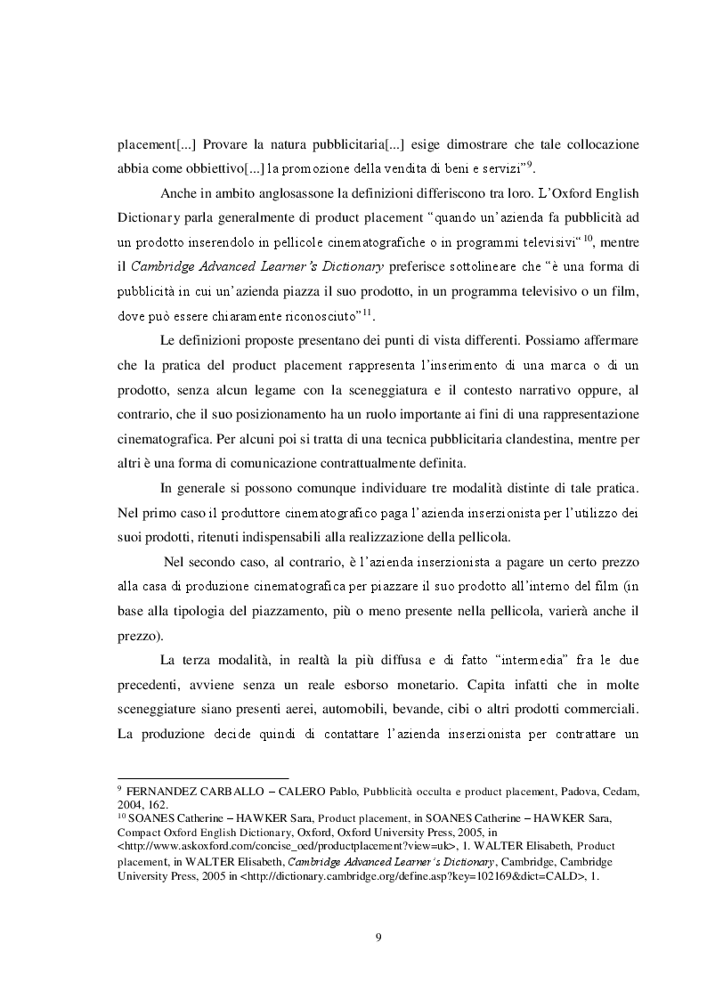 Anteprima della tesi: Pubblicità e cinema: storia del product placement tra esigenze di mercato, interessi dei produttori e diritti degli spettatori. Il caso controverso di Caos Calmo, Pagina 9