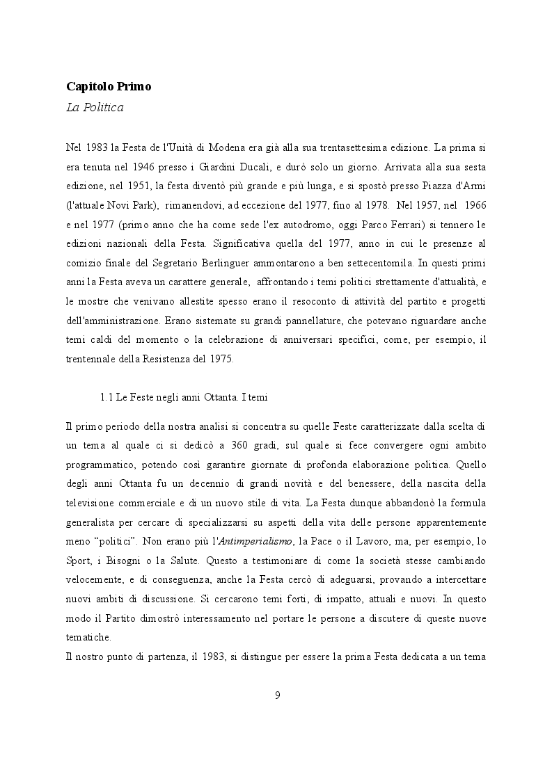 Anteprima della tesi: Feste de l'Unità a Modena. Cambiamenti e tradizioni socio – politiche dal 1983 al 2007, Pagina 9