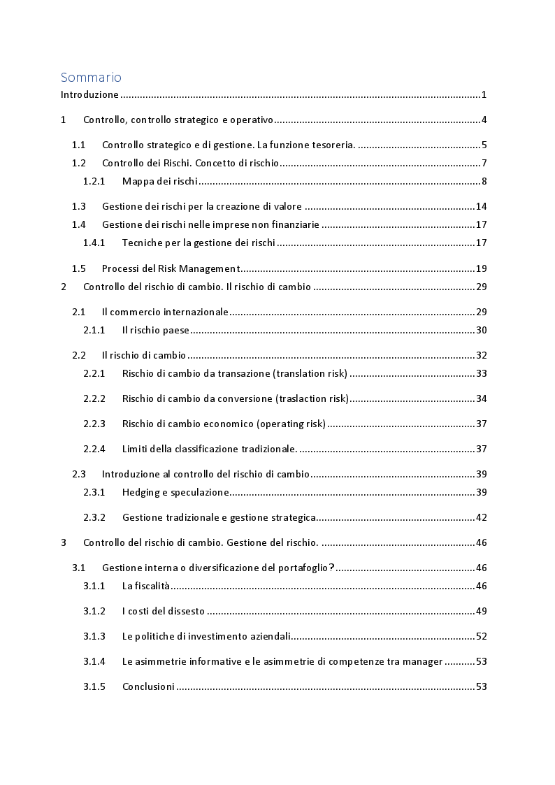 Indice della tesi: Strumenti derivati e gestione del rischio di cambio, Pagina 1