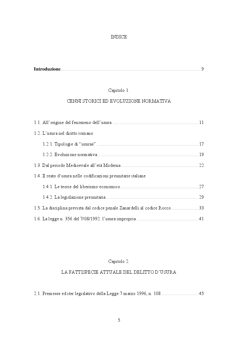 Indice della tesi: L'usura bancaria: la disciplina penalistica e i riflessi economici, Pagina 1