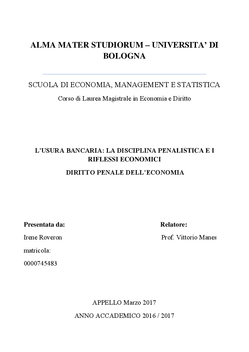 Anteprima della tesi: L'usura bancaria: la disciplina penalistica e i riflessi economici, Pagina 1