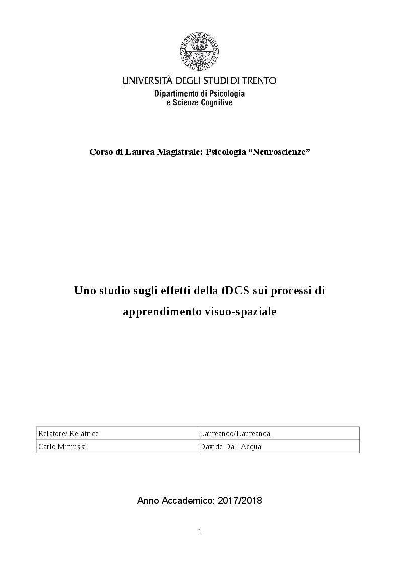 Anteprima della tesi: Uno studio degli effetti della tDCS sui processi di apprendimento visuo-spaziale, Pagina 1