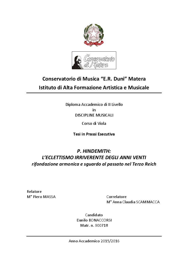 Anteprima della tesi: P. Hindemith: l’eclettismo irriverente degli Anni Venti. Rifondazione armonica e sguardo al passato nel Terzo Reich, Pagina 1