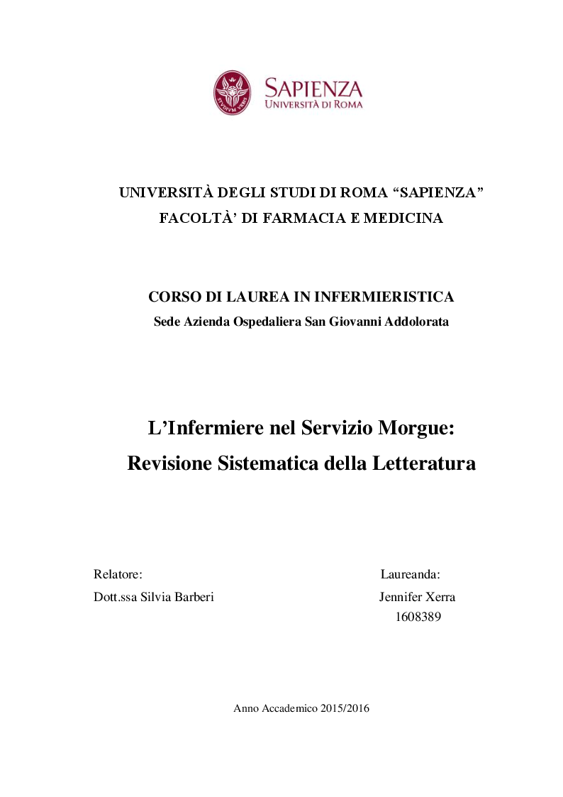Anteprima della tesi: L’Infermiere nel Servizio Morgue: Revisione Sistematica della Letteratura, Pagina 1