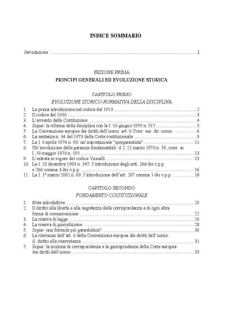 Indice della tesi: Le intercettazioni (passato, presente e futuro tecnologico), Pagina 1
