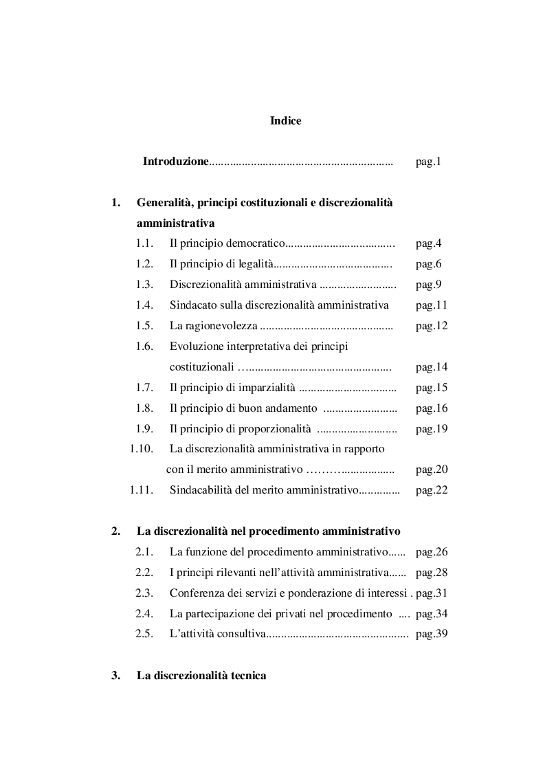 Indice della tesi: Discrezionalità amministrativa e tecnica. Vizi dell'atto amministrativo, Pagina 1