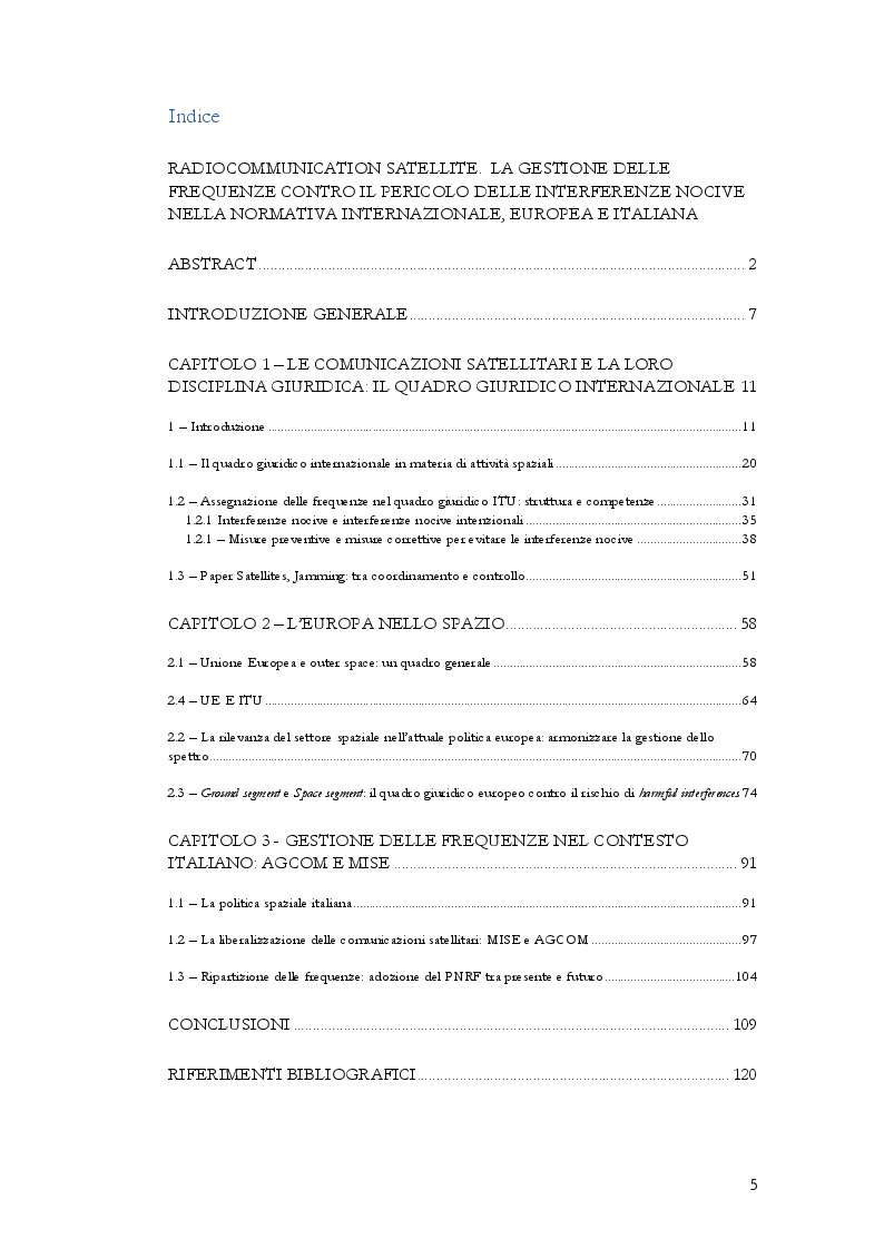 Indice della tesi: Radiocommunication satellite. La gestione delle frequenze contro il pericolo delle interferenze nocive nella normativa internazionale, europea e italiana, Pagina 1