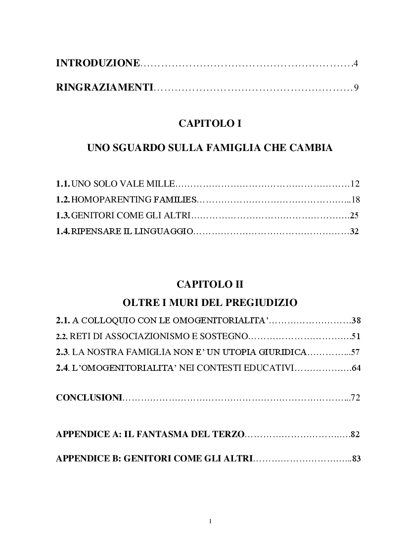 Indice della tesi: Io, tu ed i nostri figli. La famiglia omogenitoriale, Pagina 1