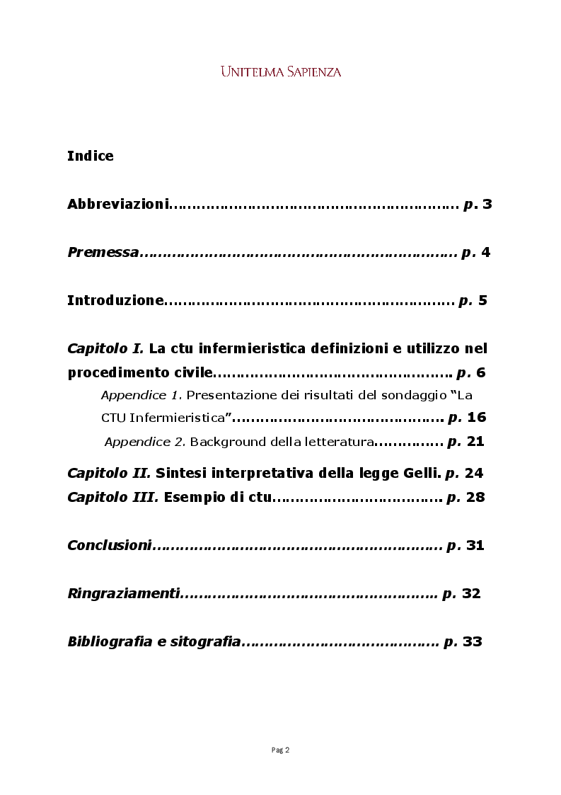 Indice della tesi: La CTU infermieristica nei procedimenti di risarcimento del danno da responsabilità sanitaria, Pagina 1