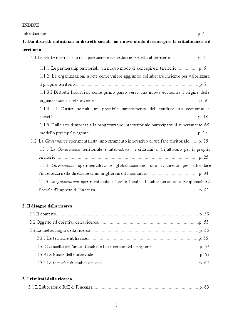 Indice della tesi: Un esperimento di Governance territoriale sostenibile: il laboratorio sulla responsabilità sociale d'impresa di Piacenza, Pagina 1