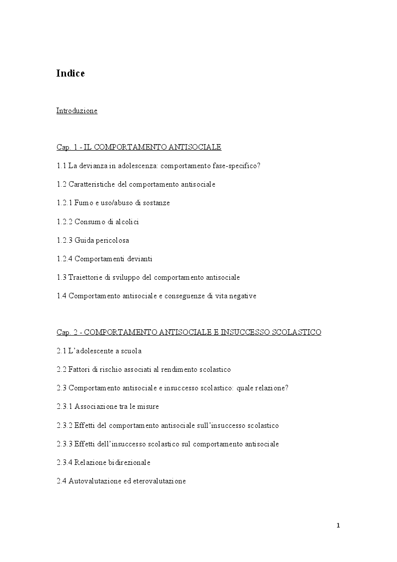 Indice della tesi: Condotte antisociali e rendimento scolastico: uno studio empirico in una popolazione di preadolescenti, Pagina 1