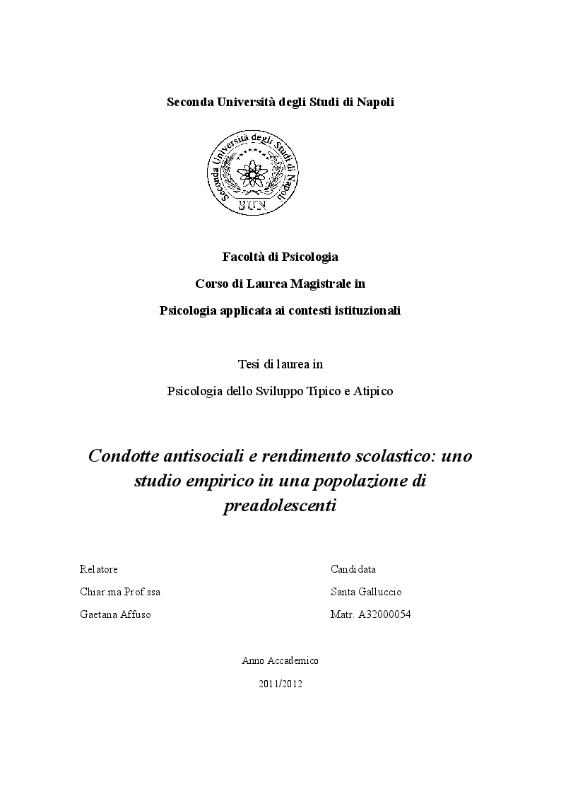 Anteprima della tesi: Condotte antisociali e rendimento scolastico: uno studio empirico in una popolazione di preadolescenti, Pagina 1