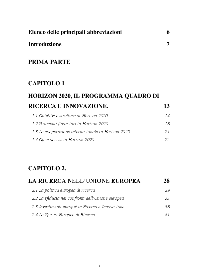 Indice della tesi: HORIZON 2020 – Il programma quadro per la ricerca e l'innovazione. La progettazione europea., Pagina 1