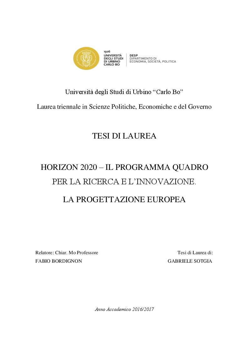 Anteprima della tesi: HORIZON 2020 – Il programma quadro per la ricerca e l'innovazione. La progettazione europea., Pagina 1