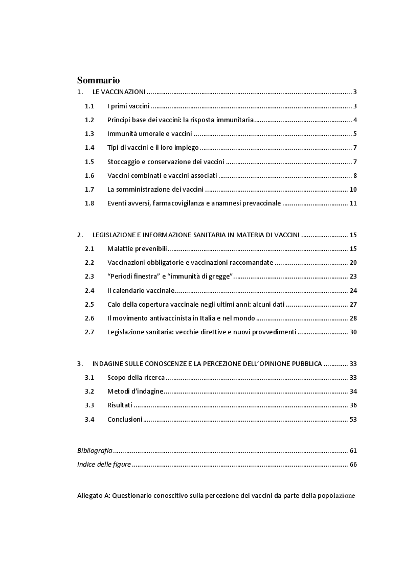 Indice della tesi: Il decremento della copertura vaccinale in Italia: un'indagine sulle conoscenze e la percezione dell'opinione pubblica sul tema dei vaccini, Pagina 1