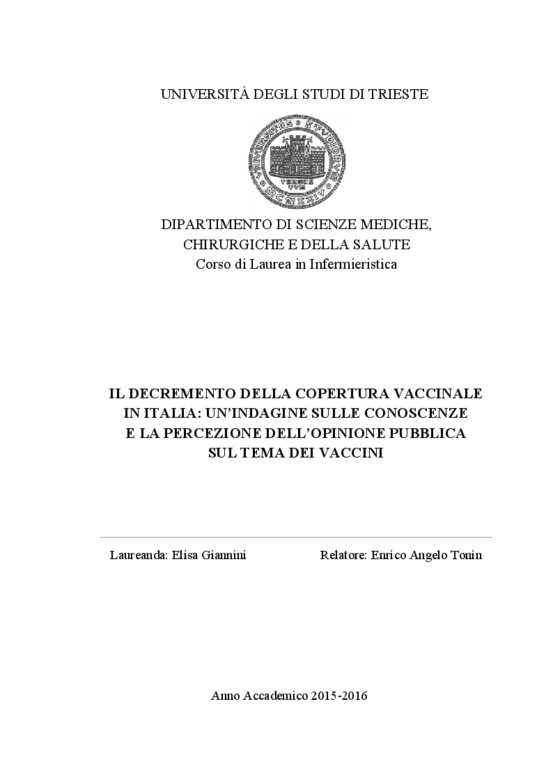 Anteprima della tesi: Il decremento della copertura vaccinale in Italia: un'indagine sulle conoscenze e la percezione dell'opinione pubblica sul tema dei vaccini, Pagina 1