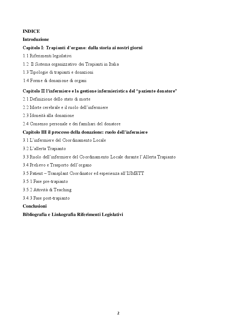 Indice della tesi: La donazione: ruolo dell’infermiere del coordinamento dal prelievo al trapianto d’organo, Pagina 1