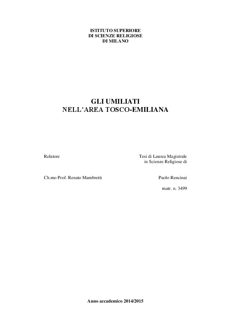 Anteprima della tesi: Gli Umiliati nell'area tosco-emiliana, Pagina 1